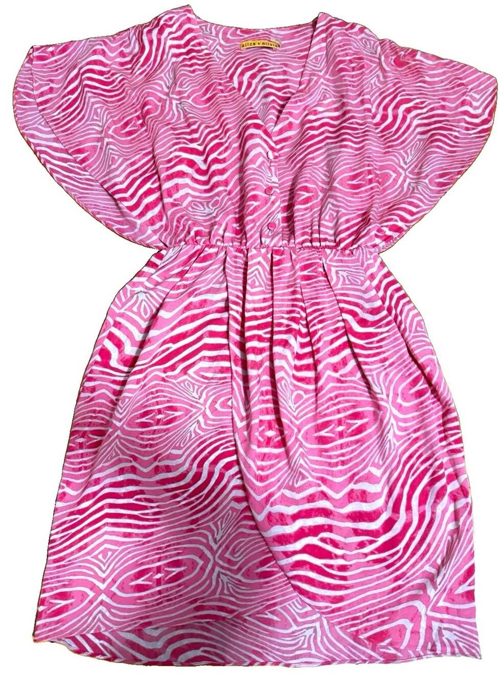 ALICE + OLIVIA Women’s Pink White Zebra V-Neck Button Front Mini Silk Dress 8